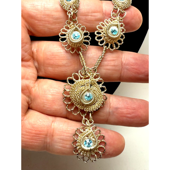 Antique Silesian Wirework Necklace & Bracelet Set Blue Rhinestones Victorian - Picture 2 of 7